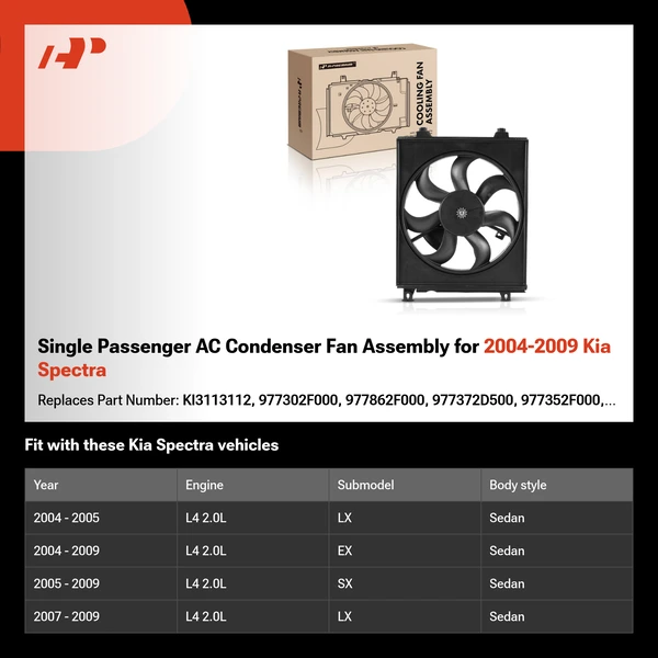 Single Passenger AC Condenser Fan Assembly for 2004-2009 Kia Spectra