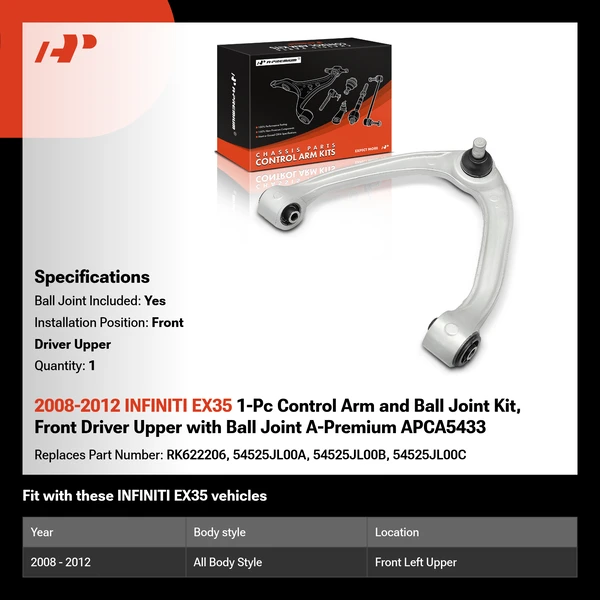 2008-2012 INFINITI EX35 1-Pc Control Arm and Ball Joint Kit, Front Driver Upper with Ball Joint A-Premium APCA5433