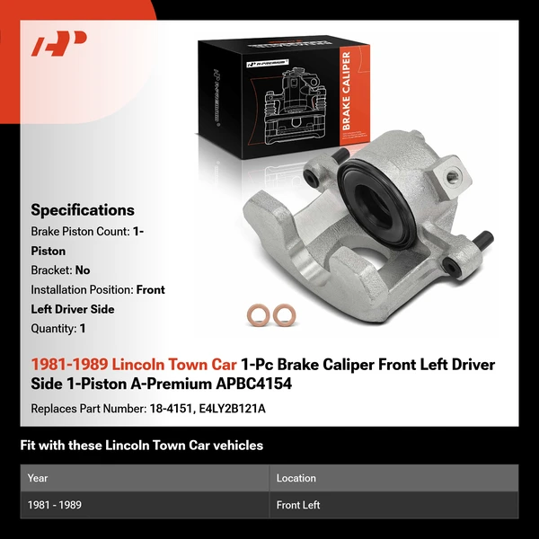 1981-1989 Lincoln Town Car 1-Pc Brake Caliper Front Left Driver Side 1-Piston A-Premium APBC4154