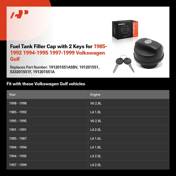 Fuel Tank Filler Cap with 2 Keys for 1985-1992 1994-1995 1997-1999 Volkswagen Golf