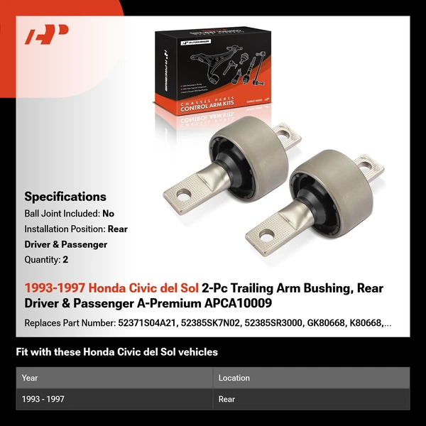 1993-1997 Honda Civic del Sol 2-Pc Trailing Arm Bushing, Rear Driver & Passenger A-Premium APCA10009