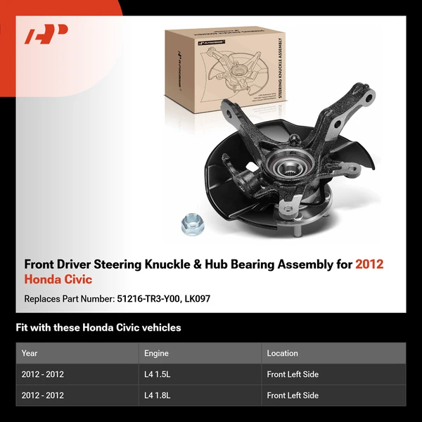 Front Driver Steering Knuckle & Hub Bearing Assembly for 2012 Honda Civic