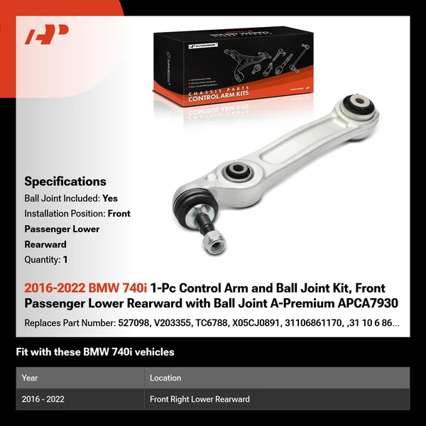2016-2022 BMW 740i 1-Pc Control Arm and Ball Joint Kit, Front Passenger Lower Rearward with Ball Joint A-Premium APCA7930