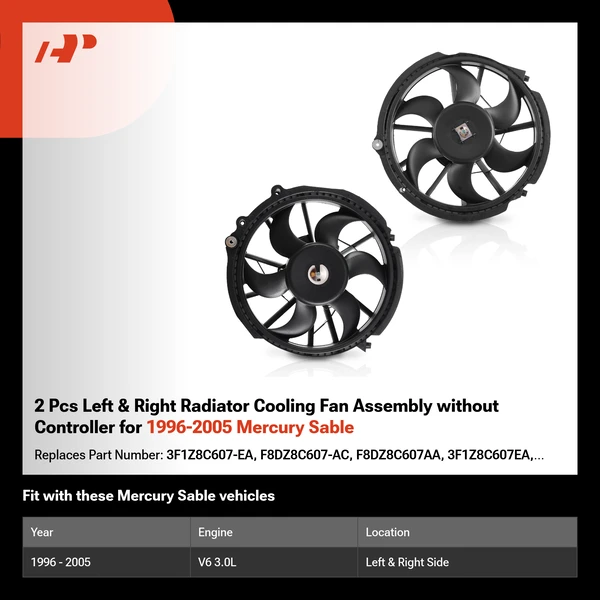 2 Pcs Left & Right Radiator Cooling Fan Assembly without Controller for 1996-2005 Mercury Sable