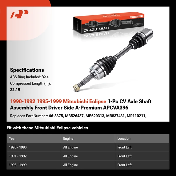 1990-1992 1995-1999 Mitsubishi Eclipse 1-Pc CV Axle Shaft Assembly Front Driver Side A-Premium APCVA396