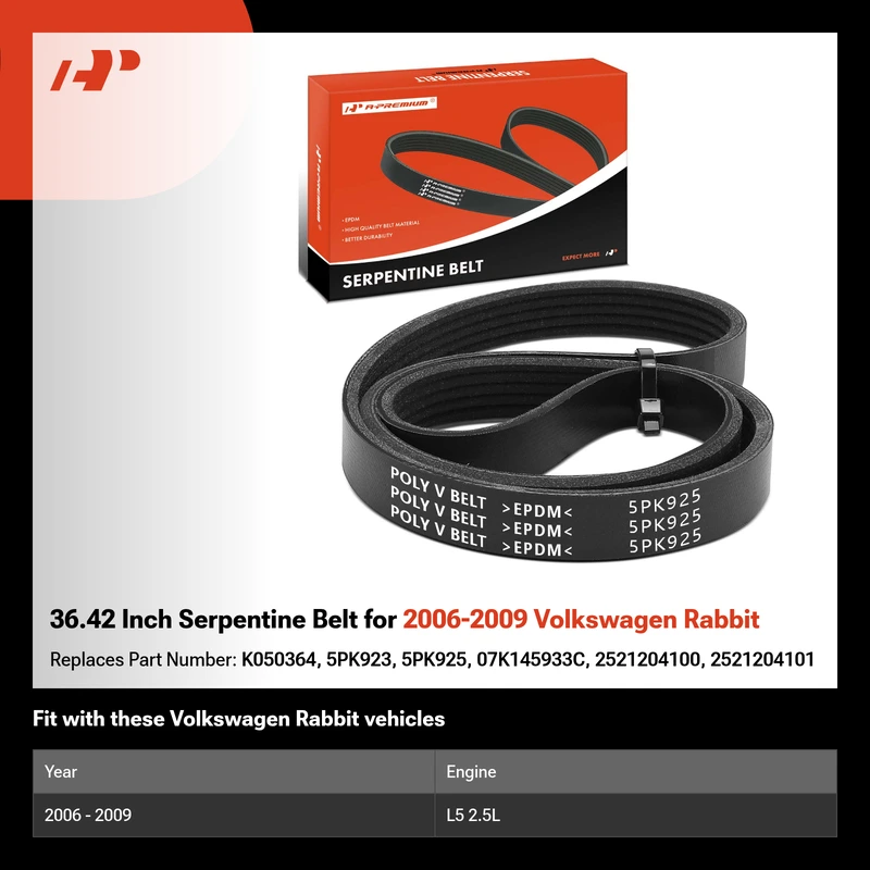 36.42 Inch Serpentine Belt for 2006-2009 Volkswagen Rabbit