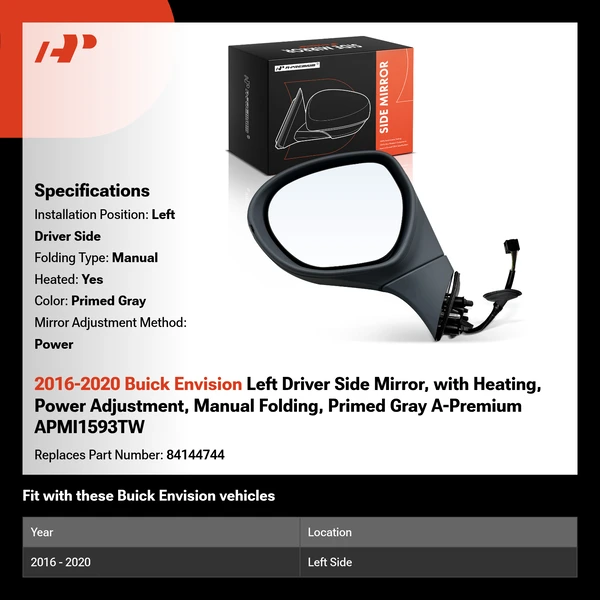 2016-2020 Buick Envision Left Driver Side Mirror, with Heating, Power Adjustment, Manual Folding, Primed Gray A-Premium APMI1593TW