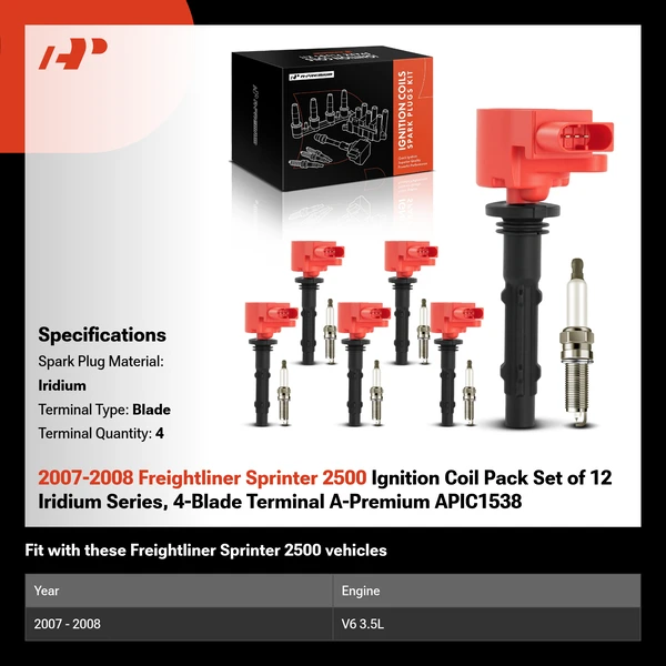 2007-2008 Freightliner Sprinter 2500 Ignition Coil Pack Set of 12 Iridium Series, 4-Blade Terminal A-Premium APIC1538