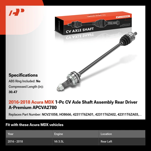 2016-2018 Acura MDX 1-Pc CV Axle Shaft Assembly Rear Driver A-Premium APCVA2780