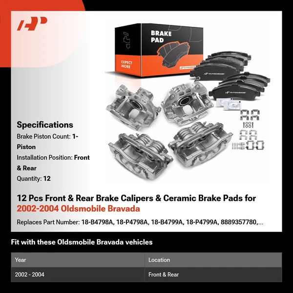 12 Pcs Front & Rear Brake Calipers & Ceramic Brake Pads for 2002-2004 Oldsmobile Bravada