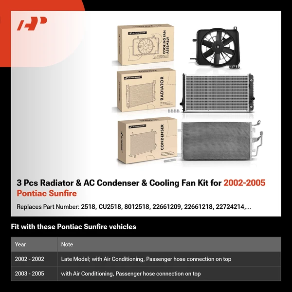 3 Pcs Radiator & AC Condenser & Cooling Fan Kit for 2002-2005 Pontiac Sunfire