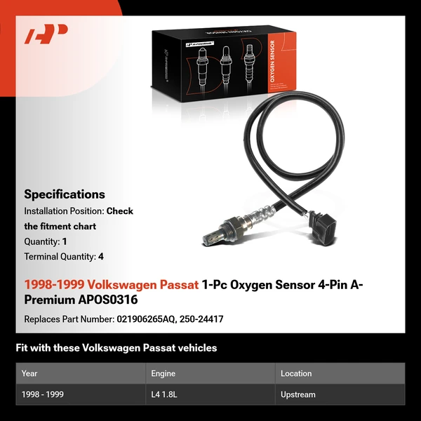 1998-1999 Volkswagen Passat 1-Pc Oxygen Sensor 4-Pin A-Premium APOS0316