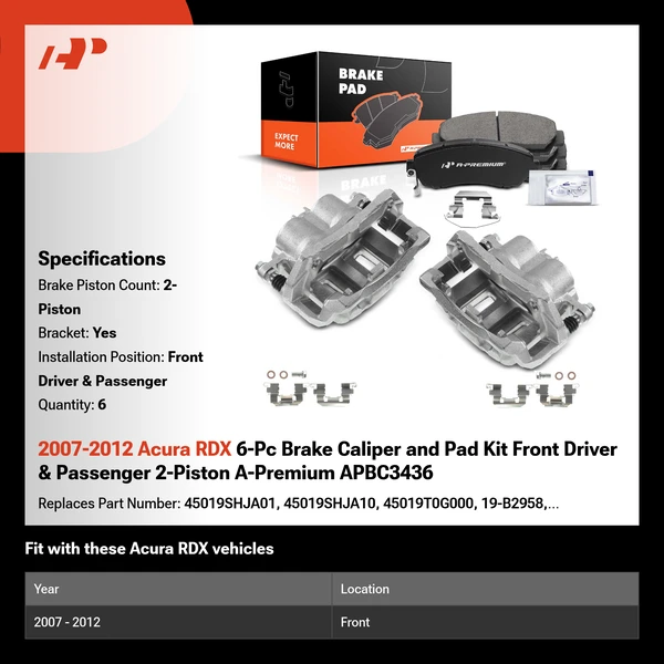 2007-2012 Acura RDX 6-Pc Brake Caliper and Pad Kit Front Driver & Passenger 2-Piston A-Premium APBC3436