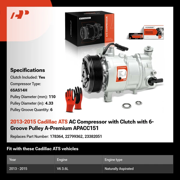 2013-2015 Cadillac ATS AC Compressor with Clutch with 6-Groove Pulley A-Premium APACC151