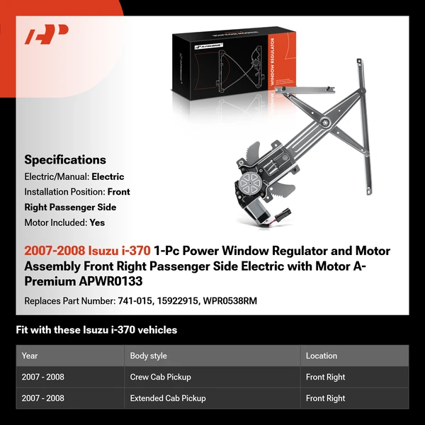 2007-2008 Isuzu i-370 1-Pc Power Window Regulator and Motor Assembly Front Right Passenger Side Electric with Motor A-Premium APWR0133
