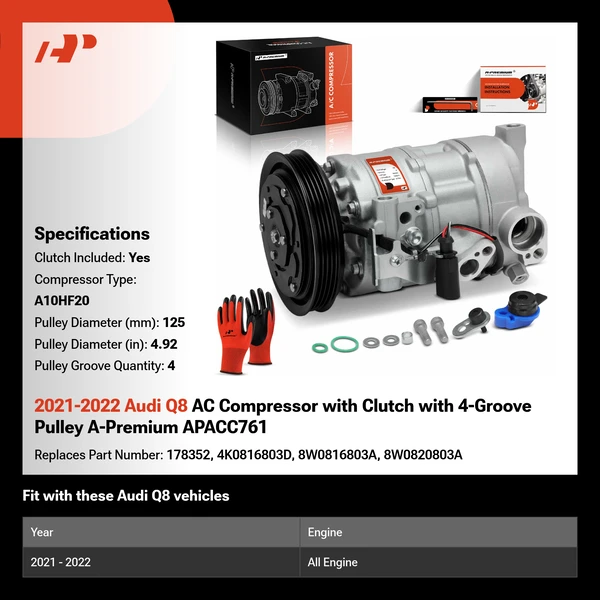 2021-2022 Audi Q8 AC Compressor with Clutch with 4-Groove Pulley A-Premium APACC761