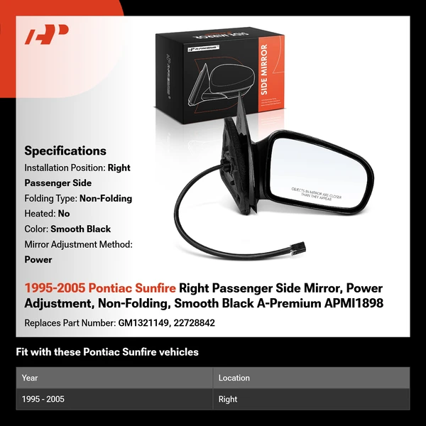 1995-2005 Pontiac Sunfire Right Passenger Side Mirror, Power Adjustment, Non-Folding, Smooth Black A-Premium APMI1898