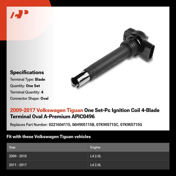 2009-2017 Volkswagen Tiguan One Set-Pc Ignition Coil 4-Blade Terminal Oval A-Premium APIC0496