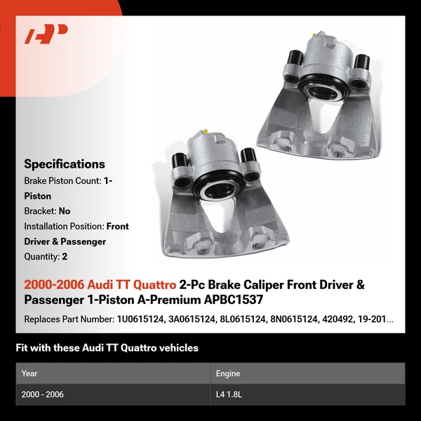 2000-2006 Audi TT Quattro 2-Pc Brake Caliper Front Driver & Passenger 1-Piston A-Premium APBC1537
