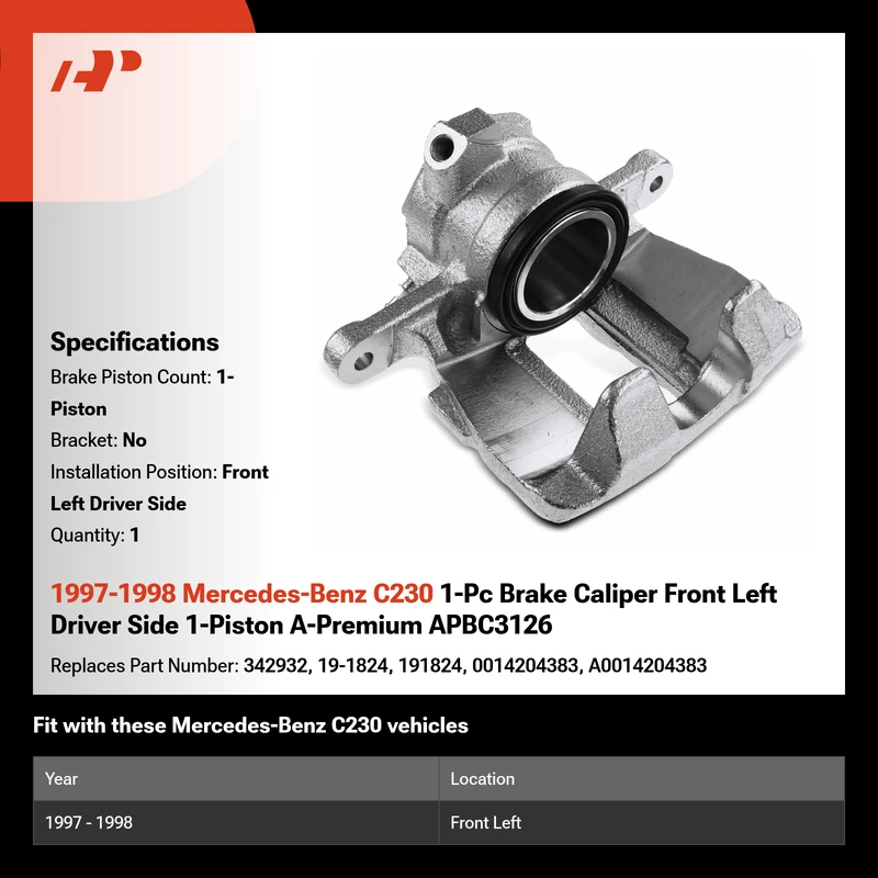 1997-1998 Mercedes-Benz C230 1-Pc Brake Caliper Front Left Driver Side 1-Piston A-Premium APBC3126