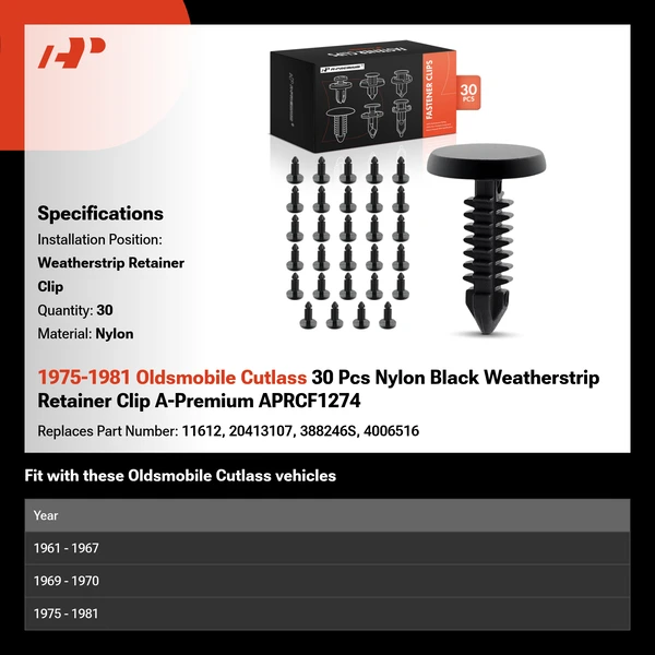 1975-1981 Oldsmobile Cutlass 30 Pcs Nylon Black Weatherstrip Retainer Clip A-Premium APRCF1274