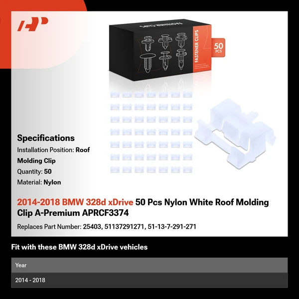 2014-2018 BMW 328d xDrive 50 Pcs Nylon White Roof Molding Clip A-Premium APRCF3374