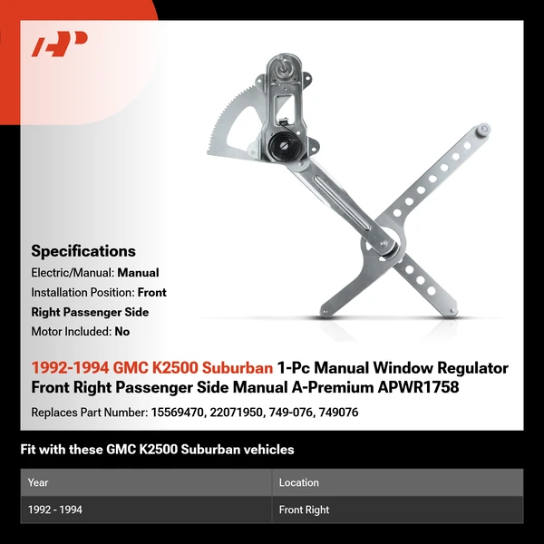 1992-1994 GMC K2500 Suburban 1-Pc Manual Window Regulator Front Right Passenger Side Manual A-Premium APWR1758