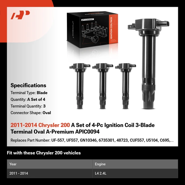 2011-2014 Chrysler 200 A Set of 4-Pc Ignition Coil 3-Blade Terminal Oval A-Premium APIC0094