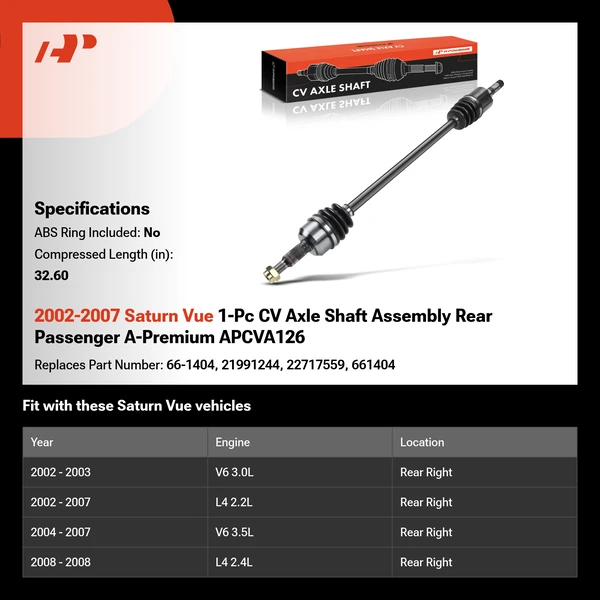 2002-2007 Saturn Vue 1-Pc CV Axle Shaft Assembly Rear Passenger A-Premium APCVA126