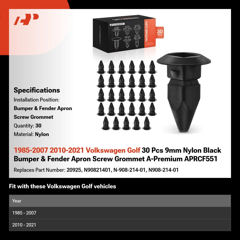 1985-2007 2010-2021 Volkswagen Golf 30 Pcs 9mm Nylon Black Bumper & Fender Apron Screw Grommet A-Premium APRCF551