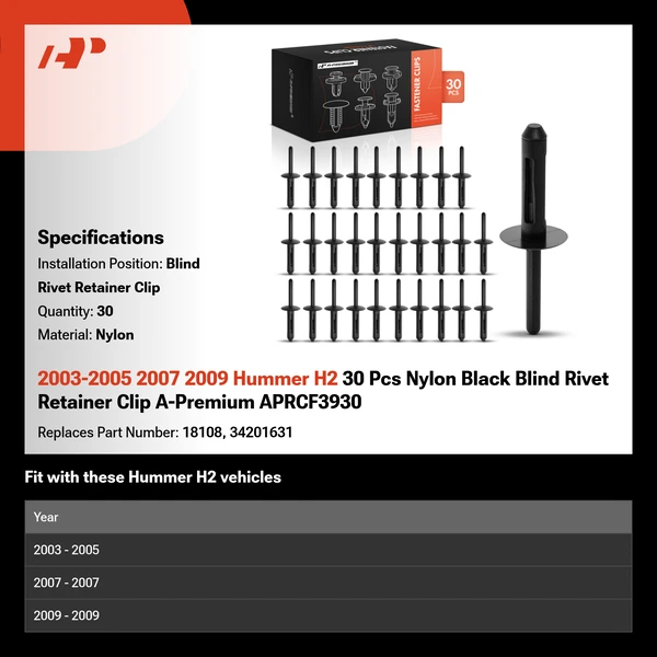 2003-2005 2007 2009 Hummer H2 30 Pcs Nylon Black Blind Rivet Retainer Clip A-Premium APRCF3930