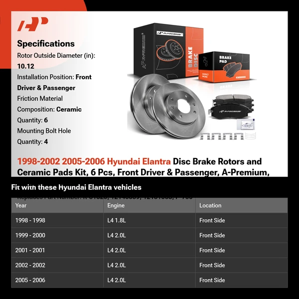 1998-2002 2005-2006 Hyundai Elantra Disc Brake Rotors and Ceramic Pads Kit, 6 Pcs, Front Driver & Passenger, A-Premium, APBRPR874