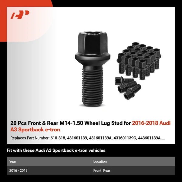 20 Pcs Front & Rear M14-1.50 Wheel Lug Stud for 2016-2018 Audi A3 Sportback e-tron