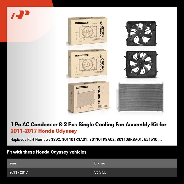 1 Pc AC Condenser & 2 Pcs Single Cooling Fan Assembly Kit for 2011-2017 Honda Odyssey