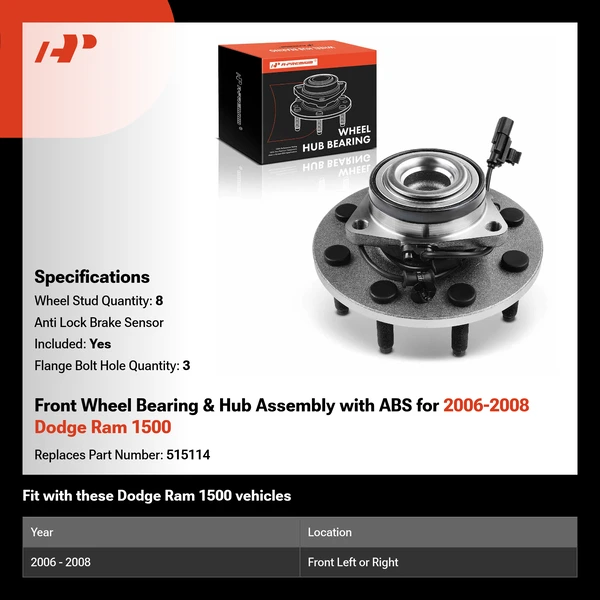 Front Wheel Bearing & Hub Assembly with ABS for 2006-2008 Dodge Ram 1500