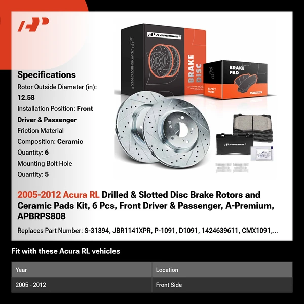 2005-2012 Acura RL Drilled & Slotted Disc Brake Rotors and Ceramic Pads Kit, 6 Pcs, Front Driver & Passenger, A-Premium, APBRPS808
