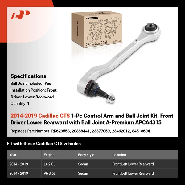2014-2019 Cadillac CTS 1-Pc Control Arm and Ball Joint Kit, Front Driver Lower Rearward with Ball Joint A-Premium APCA4315