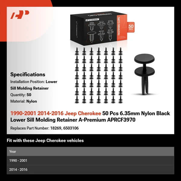 1990-2001 2014-2016 Jeep Cherokee 50 Pcs 6.35mm Nylon Black Lower Sill Molding Retainer A-Premium APRCF3970