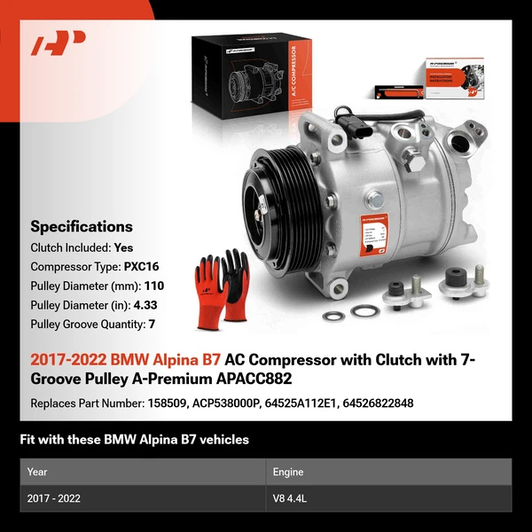 2017-2022 BMW Alpina B7 AC Compressor with Clutch with 7-Groove Pulley A-Premium APACC882