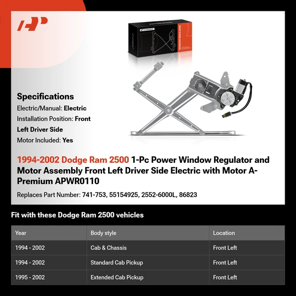 1994-2002 Dodge Ram 2500 1-Pc Power Window Regulator and Motor Assembly Front Left Driver Side Electric with Motor A-Premium APWR0110