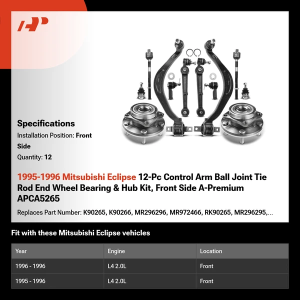 1995-1996 Mitsubishi Eclipse 12-Pc Control Arm Ball Joint Tie Rod End Wheel Bearing & Hub Kit, Front Side A-Premium APCA5265