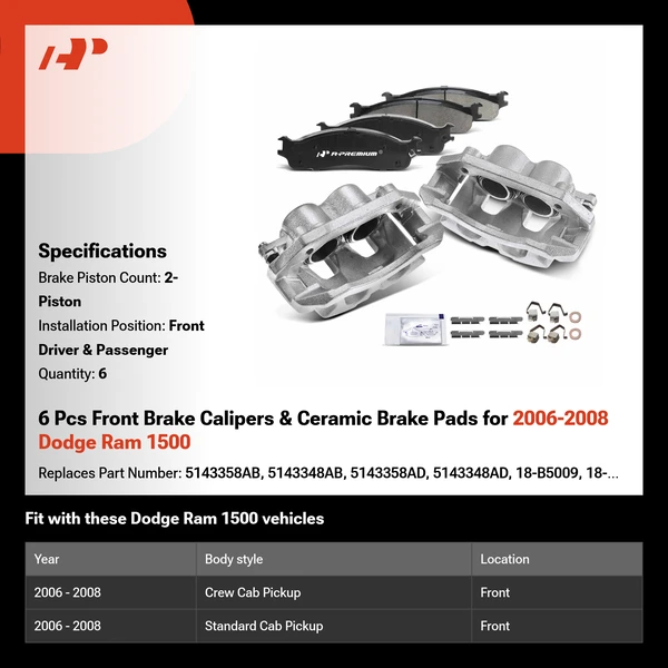 6 Pcs Front Brake Calipers & Ceramic Brake Pads for 2006-2008 Dodge Ram 1500