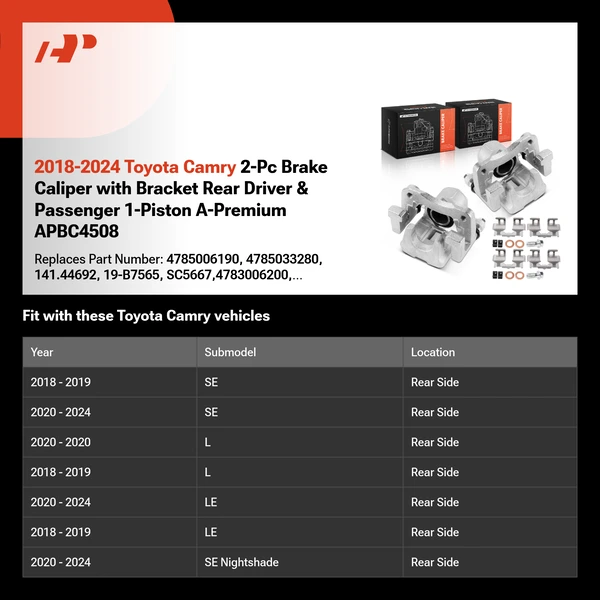 2018-2024 Toyota Camry 2-Pc Brake Caliper with Bracket Rear Driver & Passenger 1-Piston A-Premium APBC4508