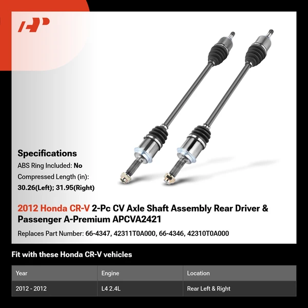 2012 Honda CR-V 2-Pc CV Axle Shaft Assembly Rear Driver & Passenger A-Premium APCVA2421