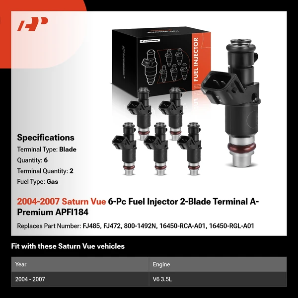 2004-2007 Saturn Vue 6-Pc Fuel Injector 2-Blade Terminal A-Premium APFI184