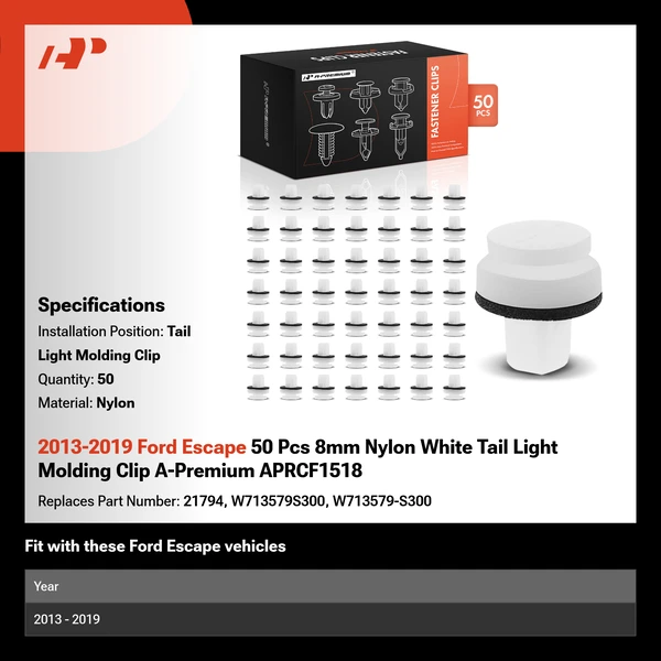 2013-2019 Ford Escape 50 Pcs 8mm Nylon White Tail Light Molding Clip A-Premium APRCF1518
