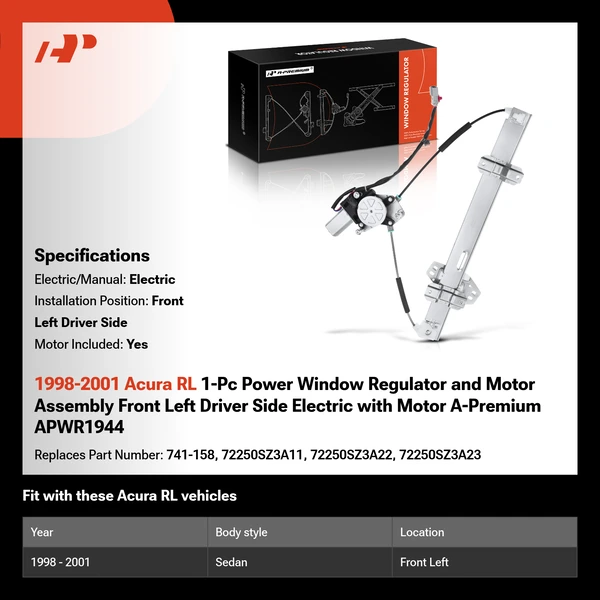 1998-2001 Acura RL 1-Pc Power Window Regulator and Motor Assembly Front Left Driver Side Electric with Motor A-Premium APWR1944