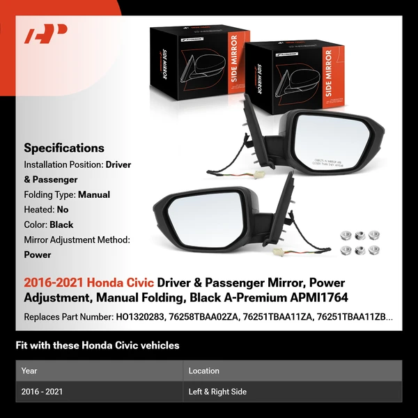 2016-2021 Honda Civic Driver & Passenger Mirror, Power Adjustment, Manual Folding, Black A-Premium APMI1764