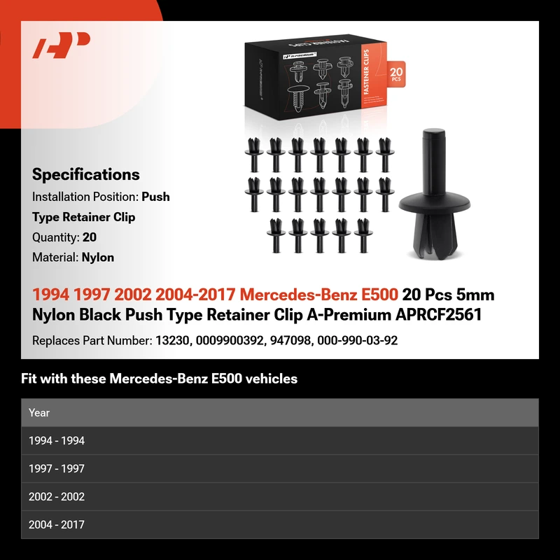 1994 1997 2002 2004-2017 Mercedes-Benz E500 20 Pcs 5mm Nylon Black Push Type Retainer Clip A-Premium APRCF2561