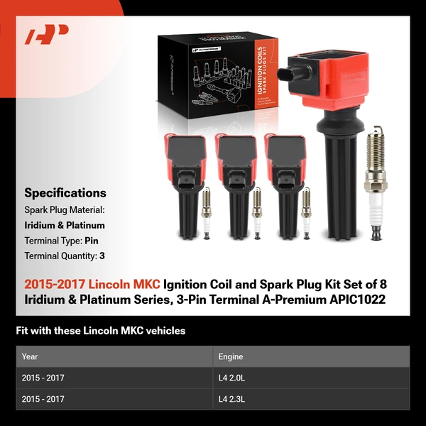 2015-2017 Lincoln MKC Ignition Coil and Spark Plug Kit Set of 8 Iridium & Platinum Series, 3-Pin Terminal A-Premium APIC1022